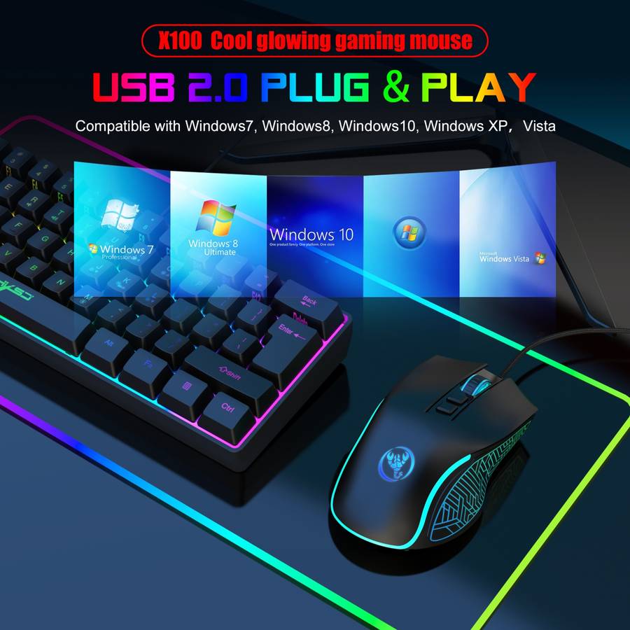 HXSJ X100 7-buttons 3600 DPI Cool Glowing Wired Gaming Mouse, Cable Length: 1.5m (Black)