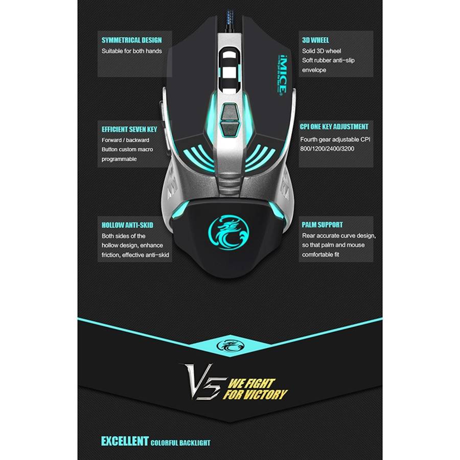 iMICE V5 USB 7 Buttons 4000 DPI Wired Optical Colorful Backlight Gaming Mouse for Comp ... (White)