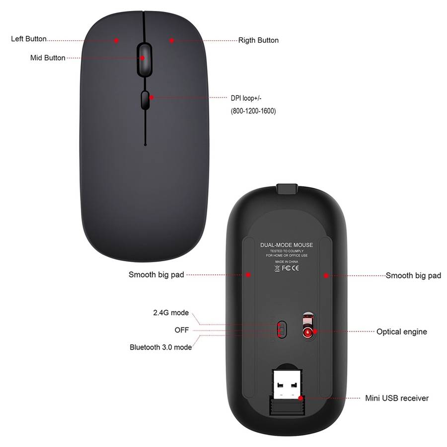 HXSJ M90 2.4GHz Ultrathin Mute Rechargeable Dual Mode Wireless Bluetooth Notebook PC Mouse(Grey)