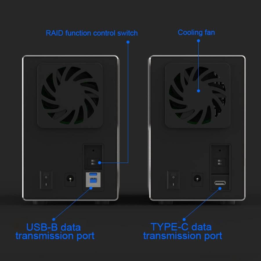 Blueendless Type-C / USB-C Interface 3.5 inch 2 Bay RAID Combination Array HDD External Enclosure (E