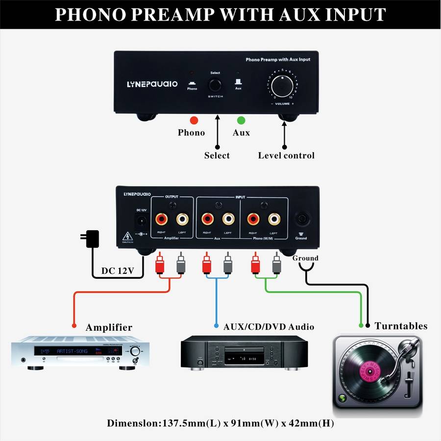 B855 LINEPAUDIO Phone Prephonograph Signal Amplifier with Auxiliary Input and Volume C ... (Black)
