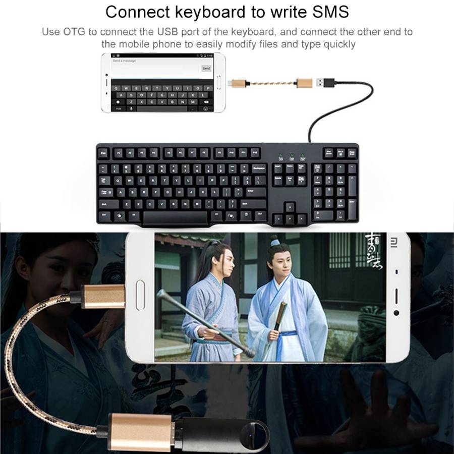 15cm Woven Style Metal Head USB-C / Type-C Male to USB 2.0 Female Data Cable(Gold)