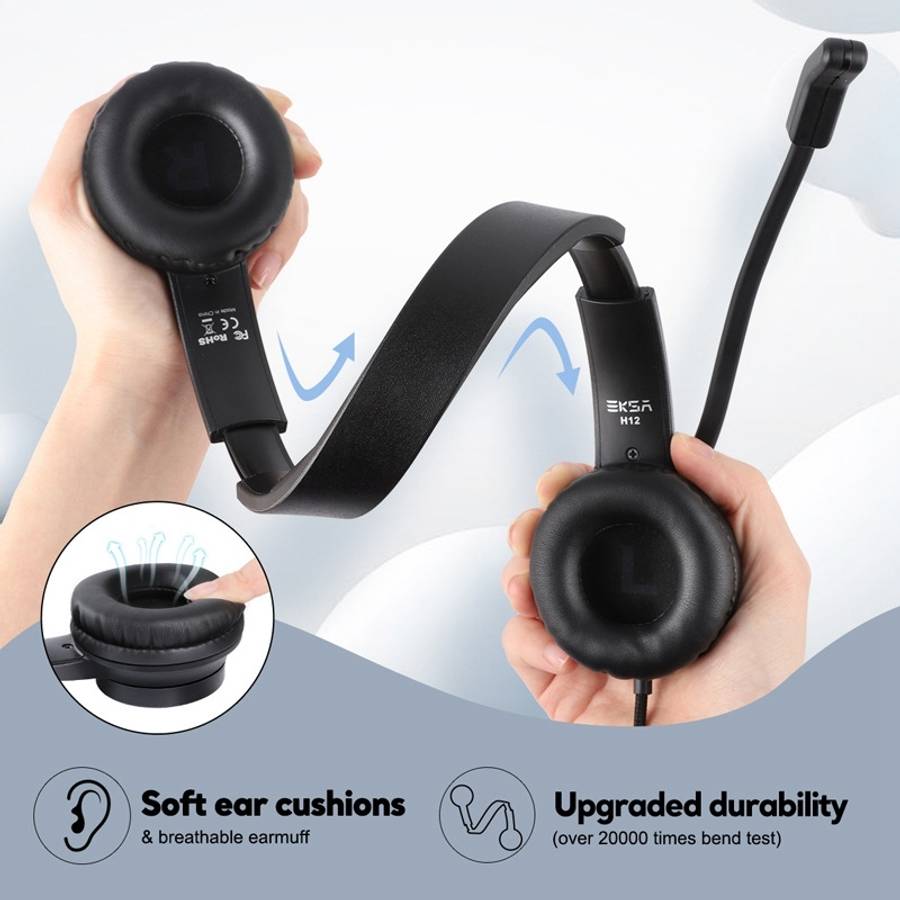 EKSA H12 USB Plug Head-mounted Noise Reduction Wired Headset with Microphone(Black)