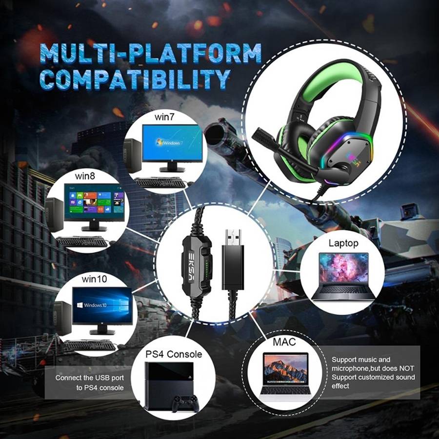EKSA E1000 7.1-channel USB RGB Luminous Gaming Wire-controlled Headset with Microphone(Black Grey)