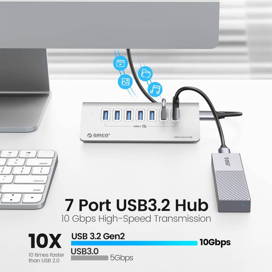 ORICO M3U7-G2 Aluminum Alloy 7-Port USB 3.2 Gen2 10Gbps HUB with 0.5m Cable (Silver)