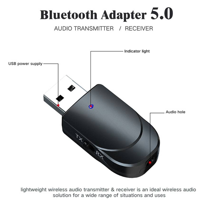 KN330 3 in 1 USB Bluetooth 5.0 Adapter Audio Transmitter Receiver with Switch Button & 3.5mm AUX I