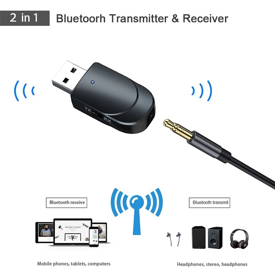 KN330 3 in 1 USB Bluetooth 5.0 Adapter Audio Transmitter Receiver with Switch Button & 3.5mm AUX I