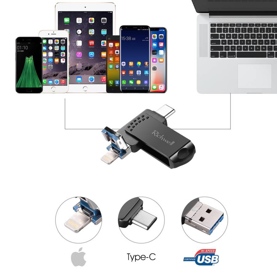 Richwell 128G Type-C + 8 Pin + USB 3.0 Metal Flash Disk with OTG Function(Rose Gold)