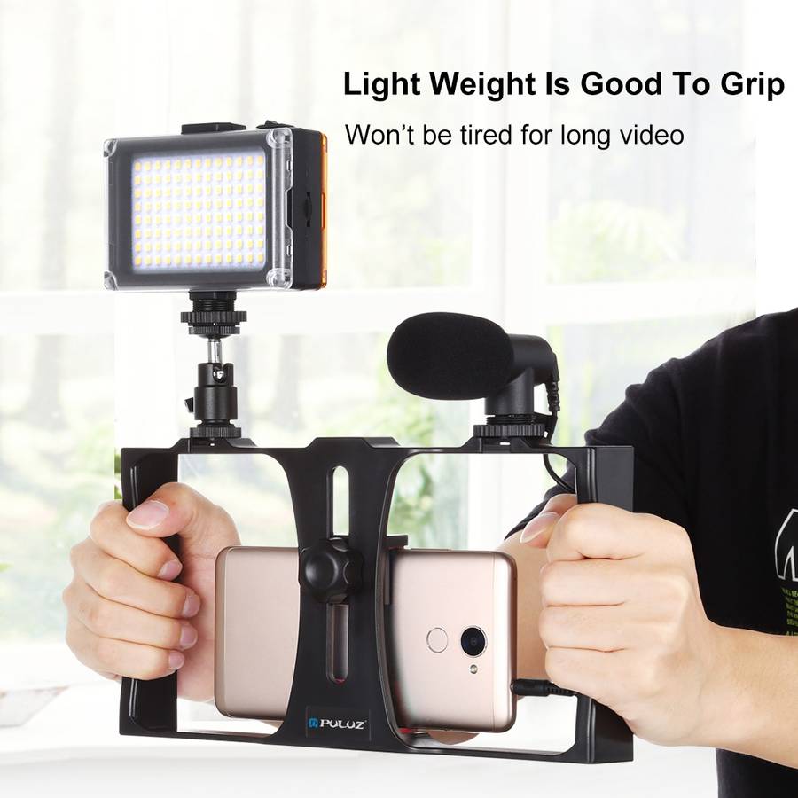 PULUZ 3 in 1 Vlogging Live Broadcast LED Selfie Light Smartphone Video Rig Kits with Mic ... (Red)