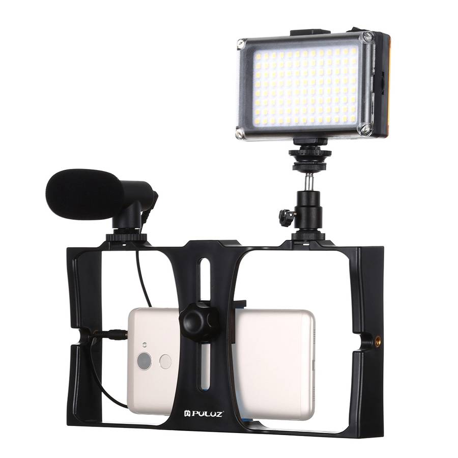 PULUZ 3 in 1 Vlogging Live Broadcast LED Selfie Light Smartphone Video Rig Kits with Mi ... (Blue)