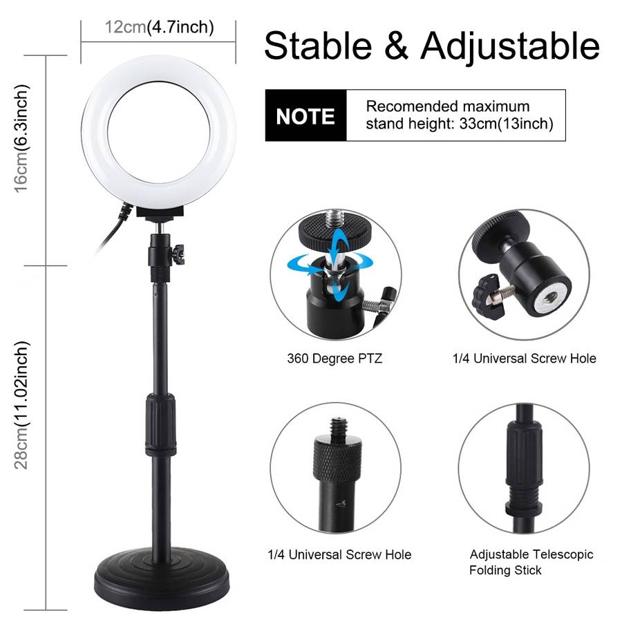 PULUZ 4.7 inch 12cm Curved Surface Ring Light + Round Base Desktop Mount USB 10 Modes ... (Black)