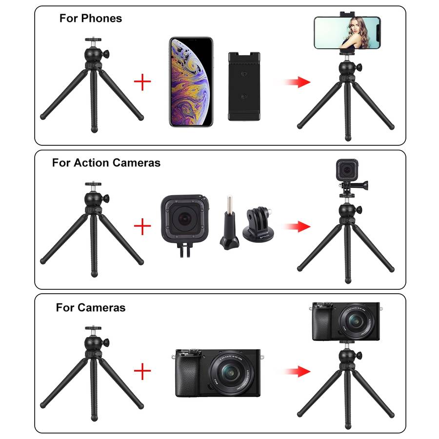 PULUZ 4 in 1 Vlogging Live Mini Octopus Bracket Kit + Studio Light + Microphone + Phon ... (Black)