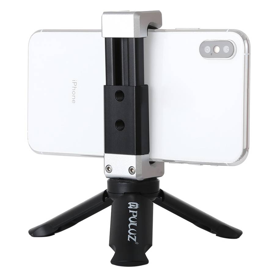 PULUZ Folding Plastic Tripod + Aluminum Alloy Clamp Bracket with Cold Shoe for iPhone, Galaxy, Hua