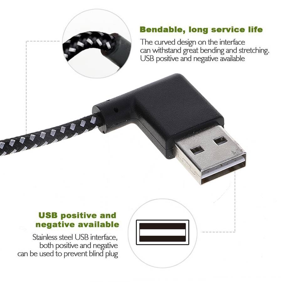 3m 2A USB to Micro USB Weave Style Double Elbow Data Sync Charging Cable