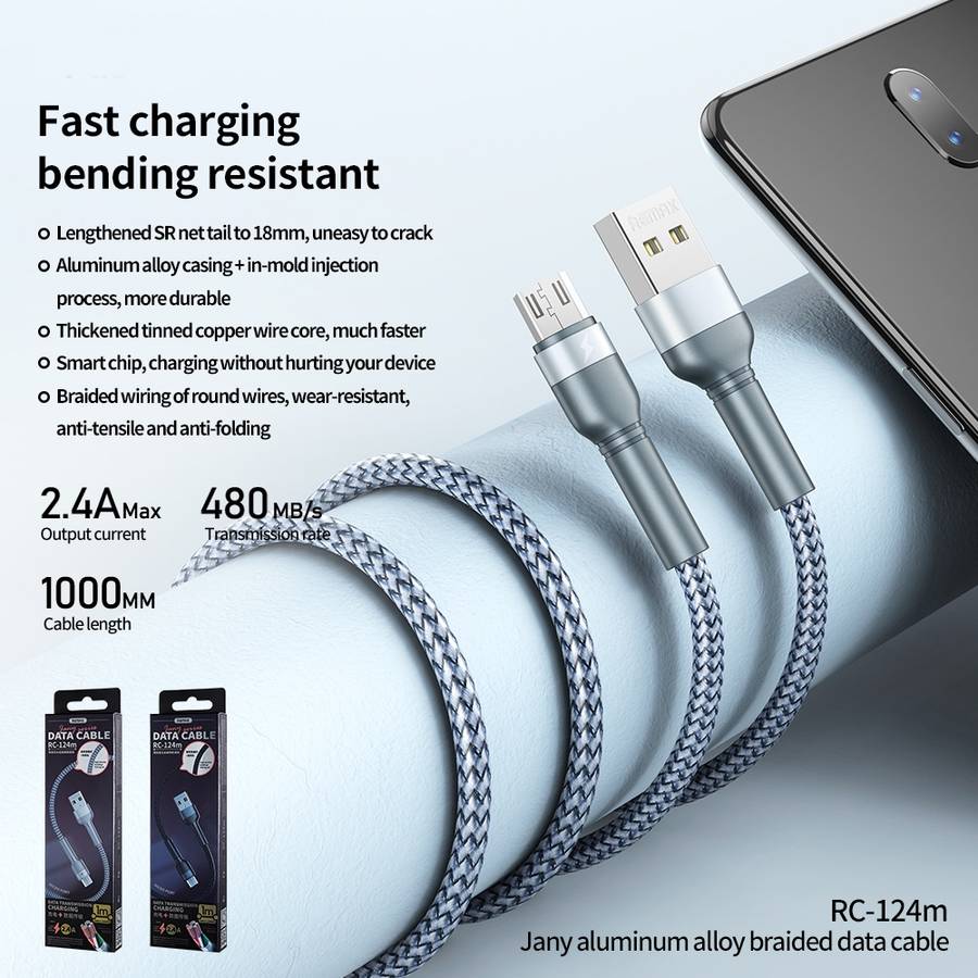 REMAX RC-124m 1m 2.4A USB to Micro USB Aluminum Alloy Braid Fast Charging Data Cable(Silver)