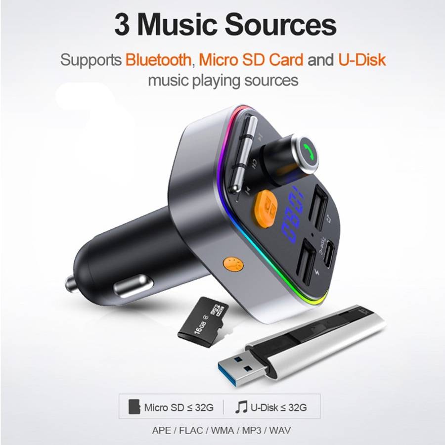T48C Car Bluetooth 5.0 Fm Transmitter Kit Dual USB with Type-C 5V 2.4A Car Charger