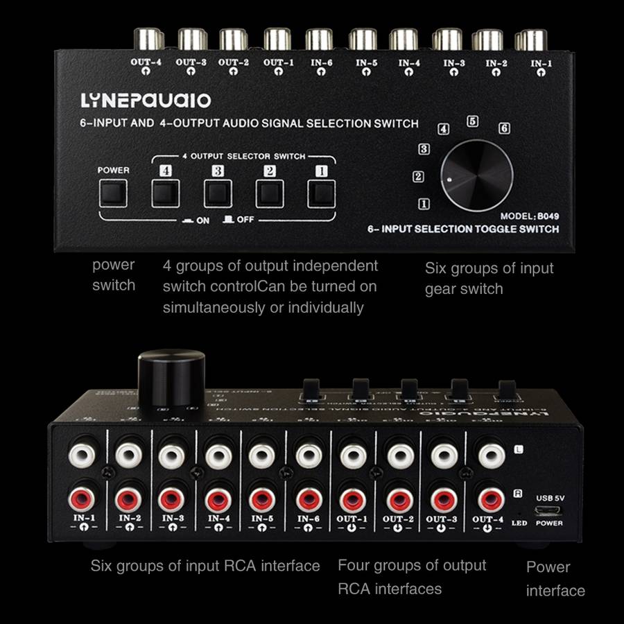 6 In 4 Out RCA Audio Switcher Signal Selector Distribute Device Switch Control