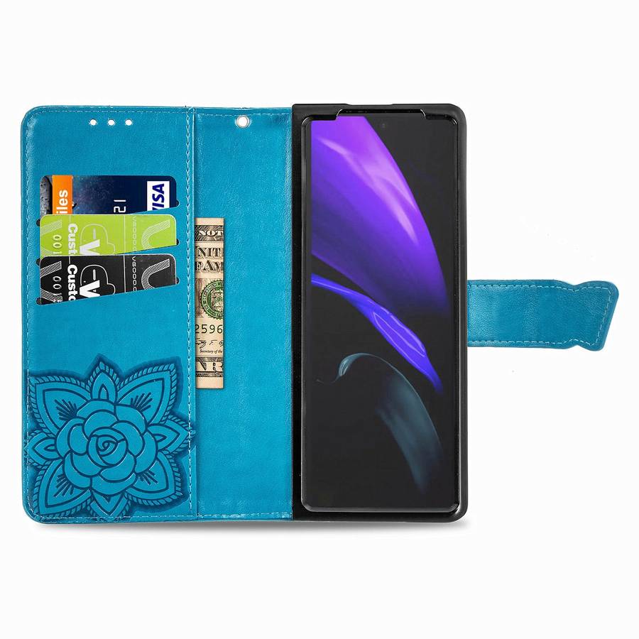 For Samsung Galaxy Z Fold4 Butterfly Love Flower Embossed Horizontal Flip Leather Phone Case(Blue)