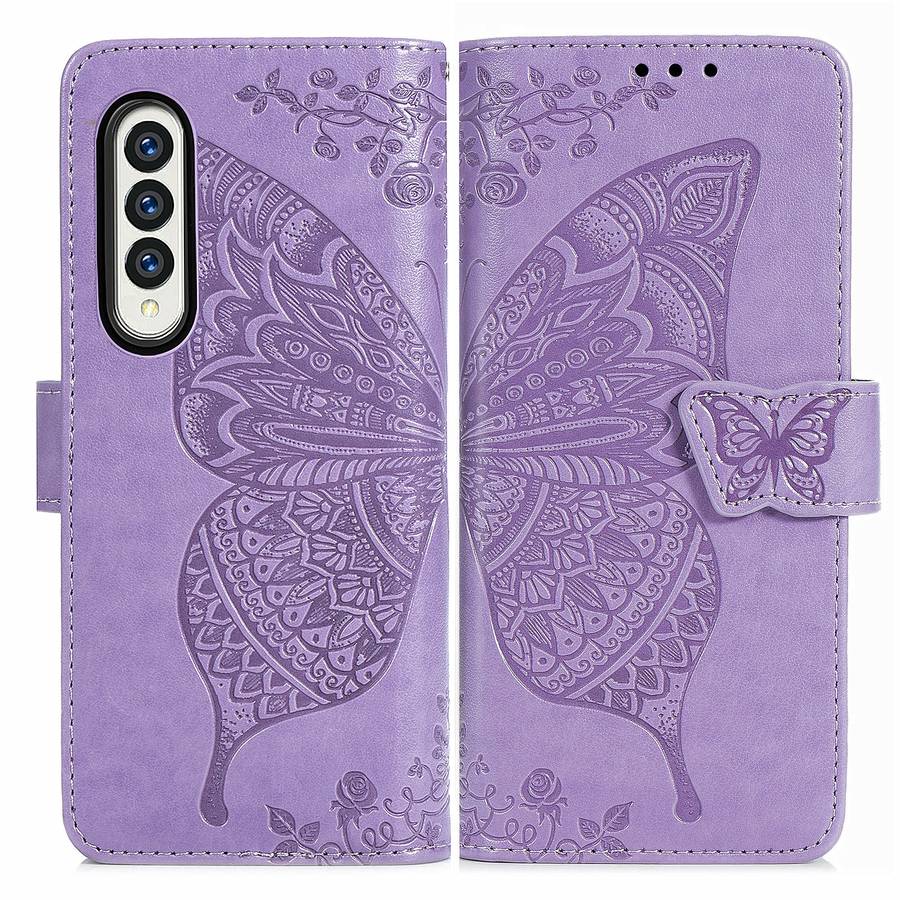 For Samsung Galaxy Z Fold4 Butterfly Love Flower Embossed Horizontal Flip Leath ... (Light Purple)