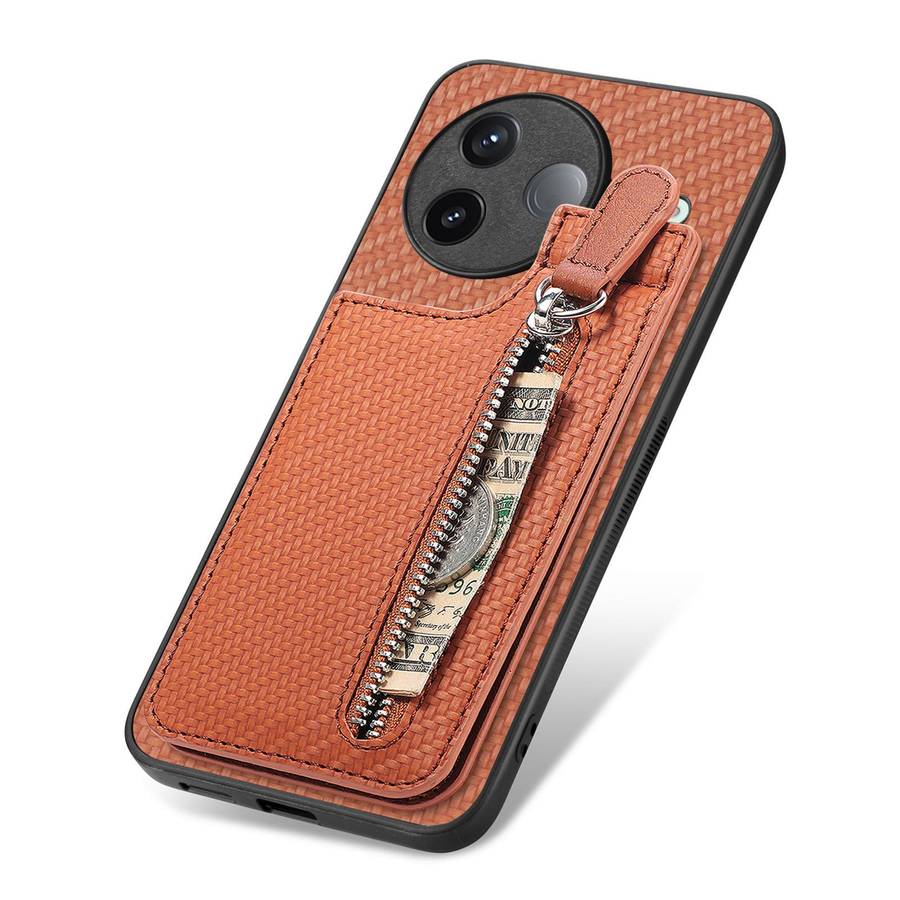 For Redmi K80 / Poco F7 Pro Carbon Fiber Vertical Flip Zipper Phone Case(Brown)