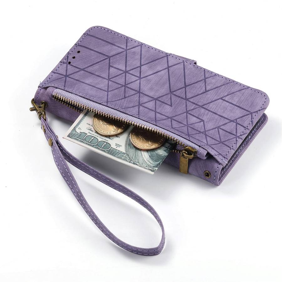 For Samsung Galaxy S21+ 5G Geometric Zipper Wallet Side Buckle Leather Phone Case(Purple)