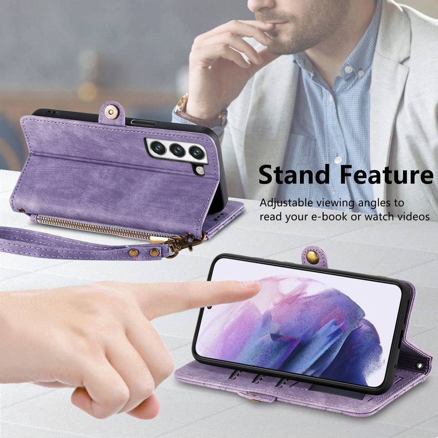 For Samsung Galaxy S21+ 5G Geometric Zipper Wallet Side Buckle Leather Phone Case(Purple)