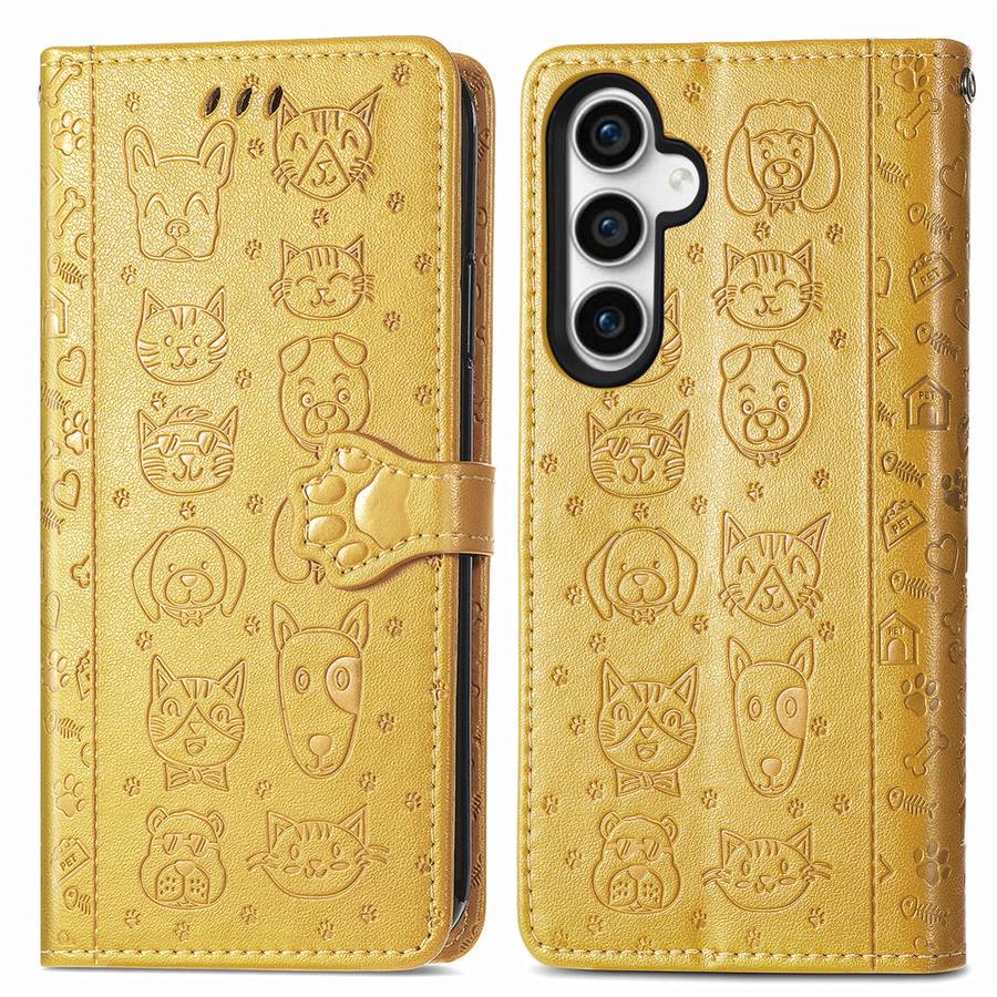 For Samsung Galaxy S23 FE 5G Cat and Dog Embossed Leather Phone Case(Yellow)