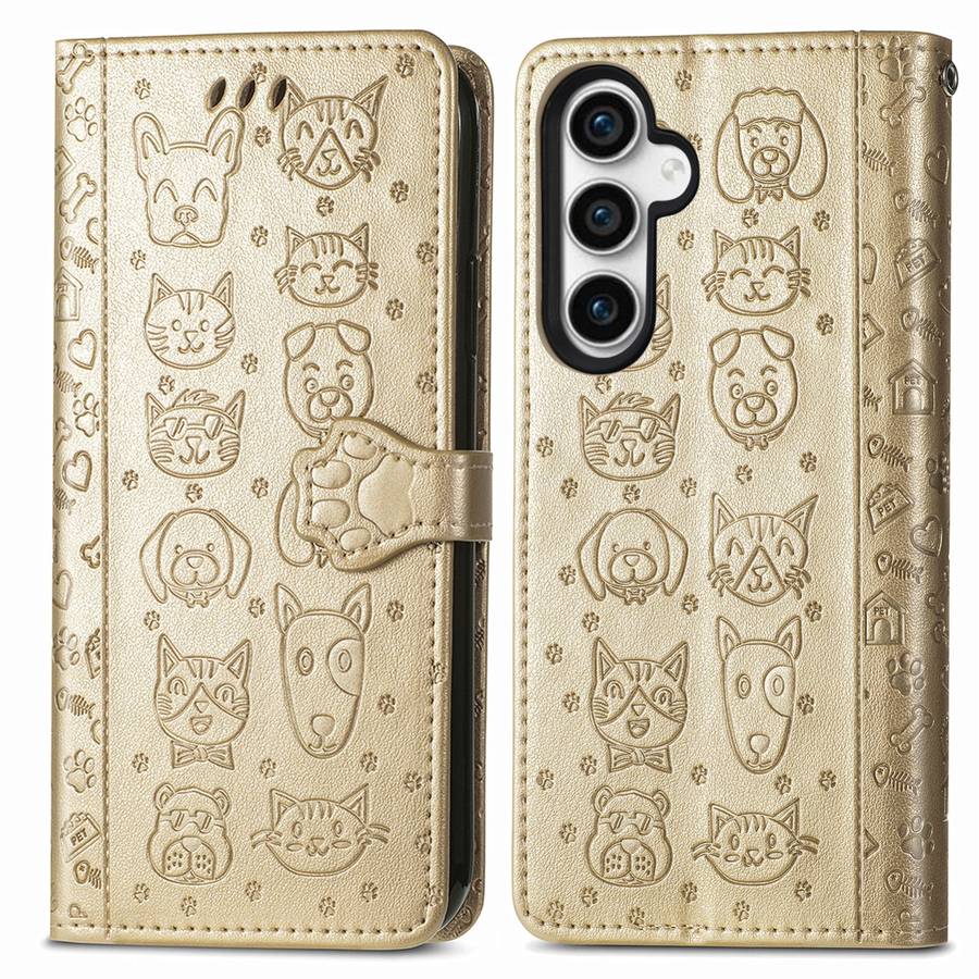 For Samsung Galaxy S23 FE 5G Cat and Dog Embossed Leather Phone Case(Gold)