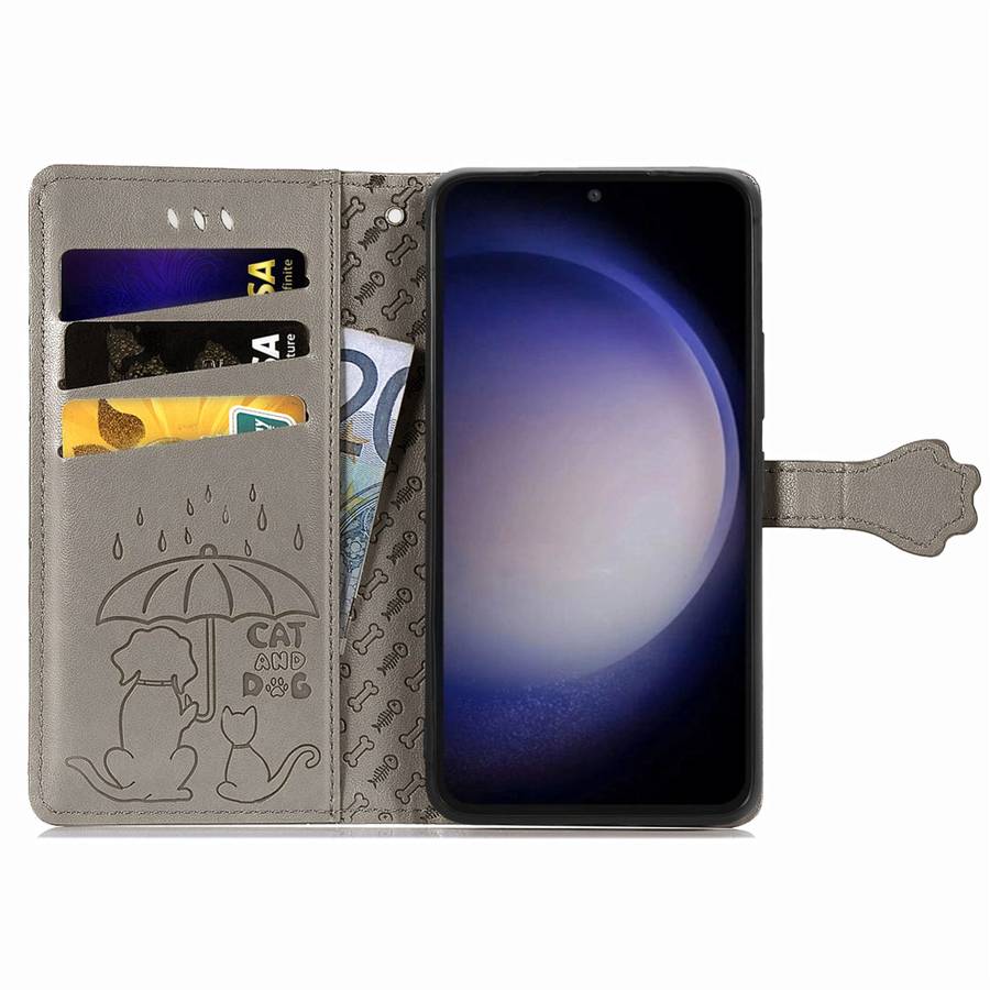 For Samsung Galaxy S23 FE 5G Cat and Dog Embossed Leather Phone Case(Gray)