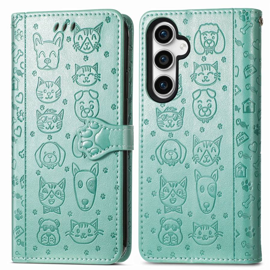 For Samsung Galaxy S23 FE 5G Cat and Dog Embossed Leather Phone Case(Green)