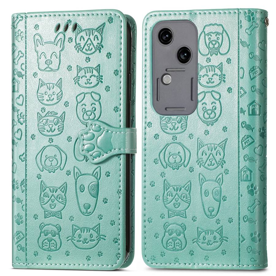 For vivo S18 Cat and Dog Embossed Leather Phone Case(Green)
