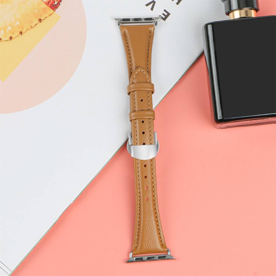 For Apple Watch Series 4 44mm Plain Leather Butterfly Buckle Watch Band(Brown+Silver)
