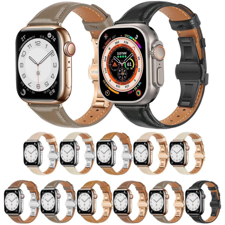 For Apple Watch Series 4 44mm Plain Leather Butterfly Buckle Watch Band(Brown+Silver)