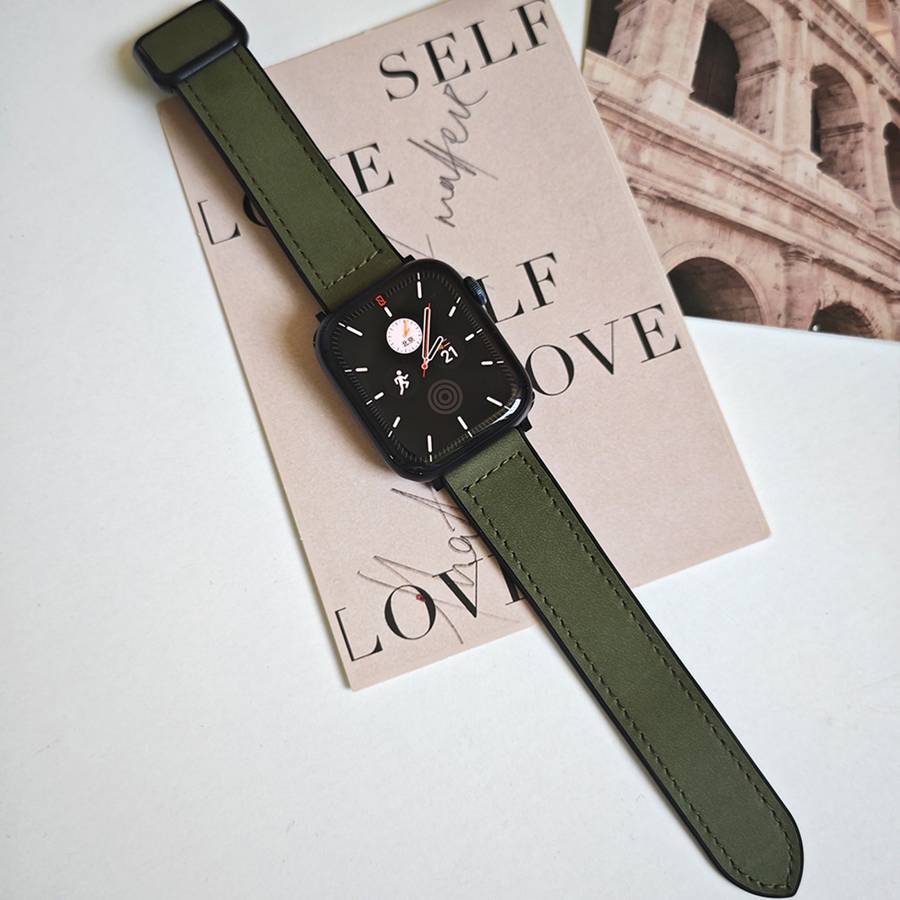 For Apple Watch SE 2022 40mm Fold Magnetic Square Buckle PU Silicone Watch Band(Dark Green)