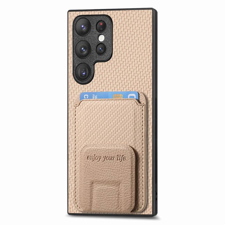 For Samsung Galaxy S20 FE Carbon Fiber Card Bag Fold Stand Phone Case(Khaki)