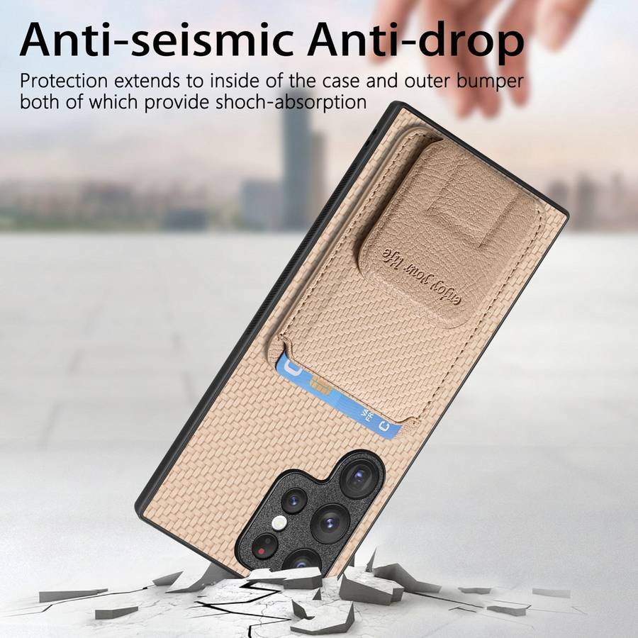 For Samsung Galaxy S20 FE Carbon Fiber Card Bag Fold Stand Phone Case(Khaki)