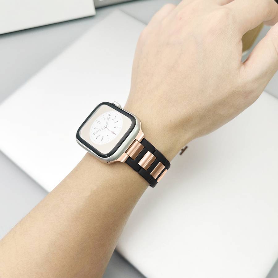For Apple Watch Ultra 2 49mm Rubber Stainless Steel Magnetic Watch Band(Black+Rose Gold)