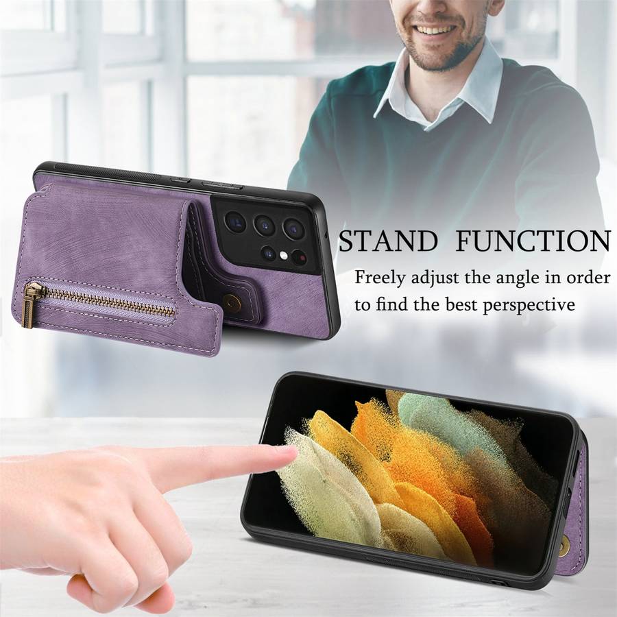 For Samsung Galaxy S21 Ultra 5G Retro Leather Zipper Wallet Back Phone Case(Purple)