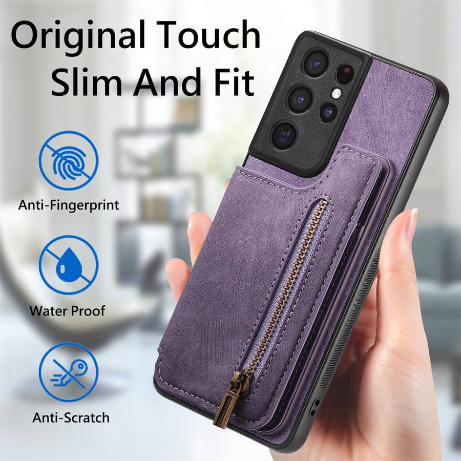 For Samsung Galaxy S21 Ultra 5G Retro Leather Zipper Wallet Back Phone Case(Purple)