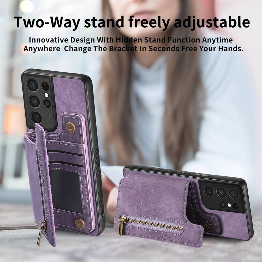 For Samsung Galaxy S21 Ultra 5G Retro Leather Zipper Wallet Back Phone Case(Purple)