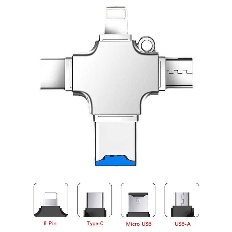 4 in 1 USB-C / Type-C USB 2.0 + Micro USB + 8 Pin Adapter TF Card Reader, Memory Card:32GB(Sliver)