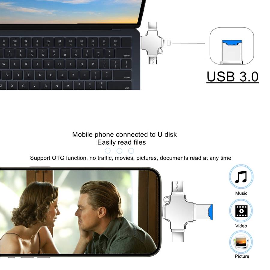 4 in 1 USB-C / Type-C USB 2.0 + Micro USB + 8 Pin Adapter TF Card Reader, Memory Card:32GB(Sliver)