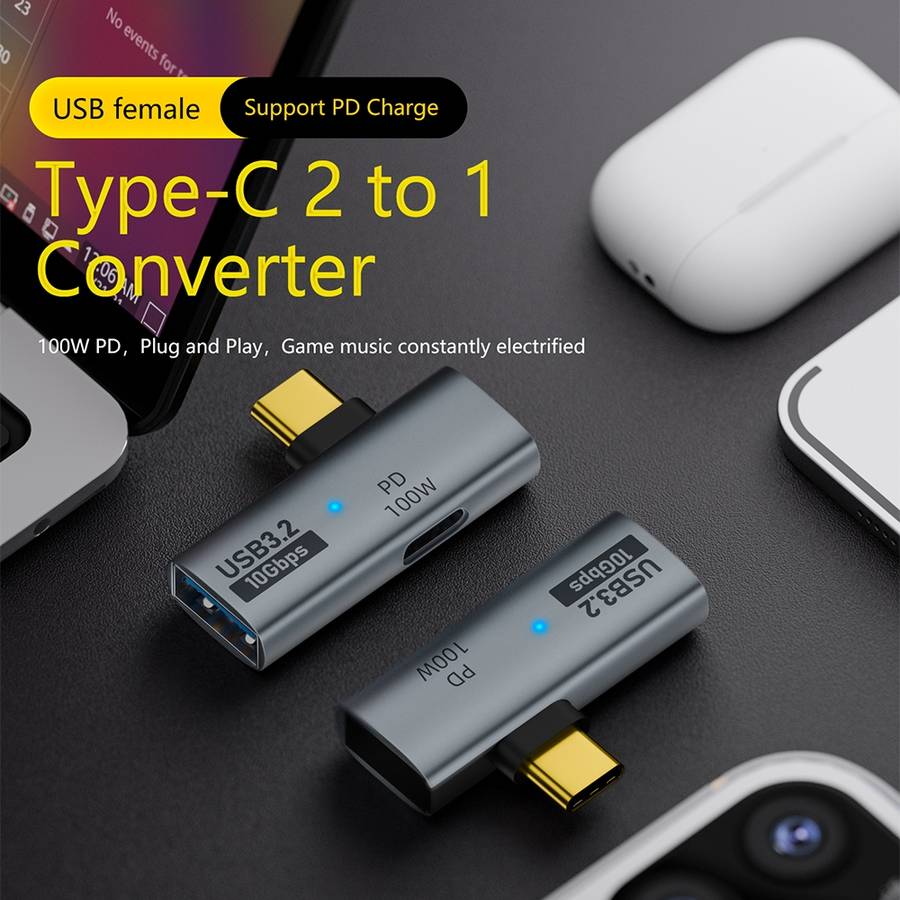 USB-C / Type-C Male to Type-C + USB3.2 Female 10Gbps Data OTG Converter PD 100W Chargi ... (Black)