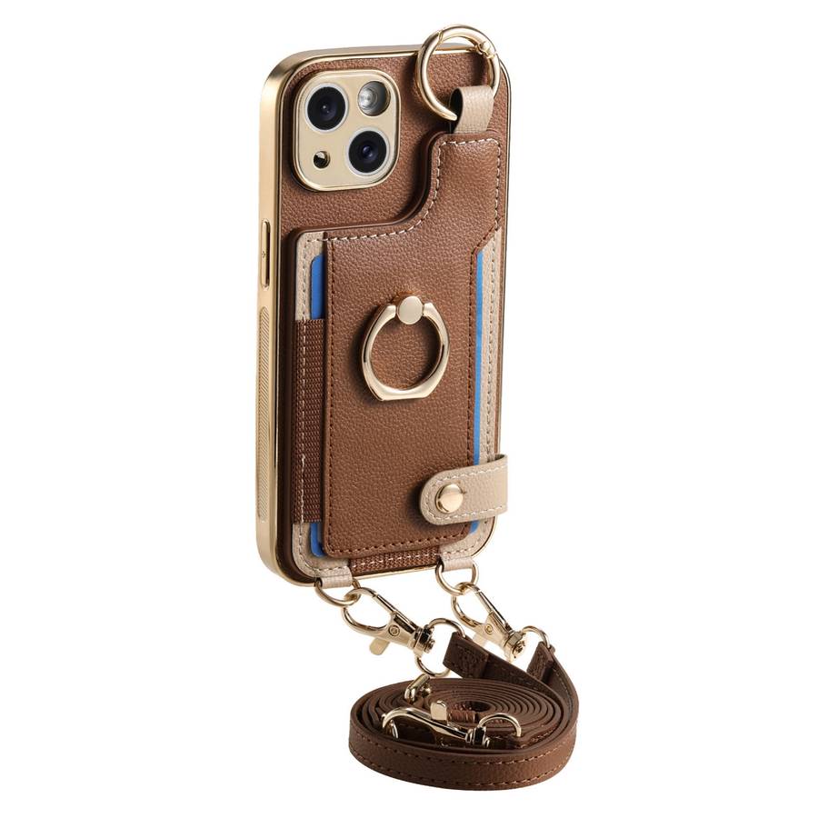 For iPhone 14 Fashion Ring Card Bag Phone Case with Hang Loop(Brown)