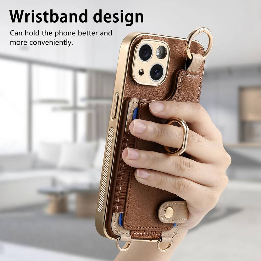 For iPhone 14 Fashion Ring Card Bag Phone Case with Hang Loop(Brown)