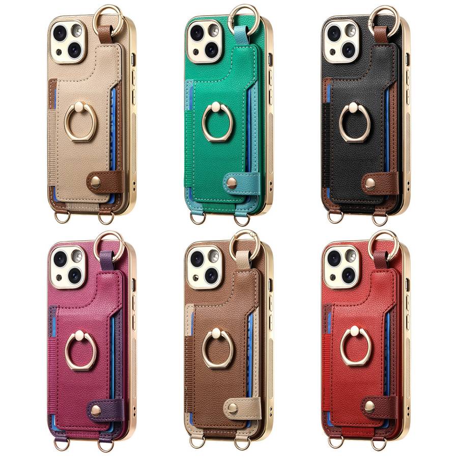 For iPhone 14 Fashion Ring Card Bag Phone Case with Hang Loop(Brown)
