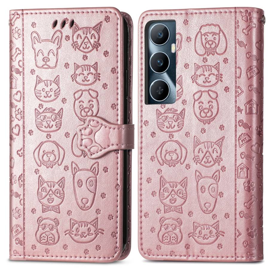 For Realme C65 Cat and Dog Embossed Leather Phone Case(Rose Gold)