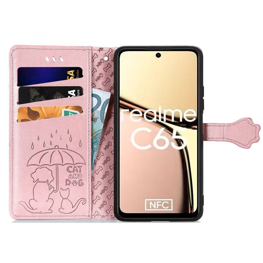 For Realme C65 Cat and Dog Embossed Leather Phone Case(Rose Gold)