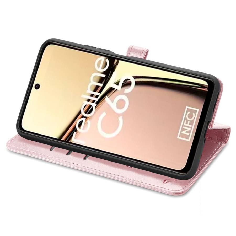 For Realme C65 Cat and Dog Embossed Leather Phone Case(Rose Gold)