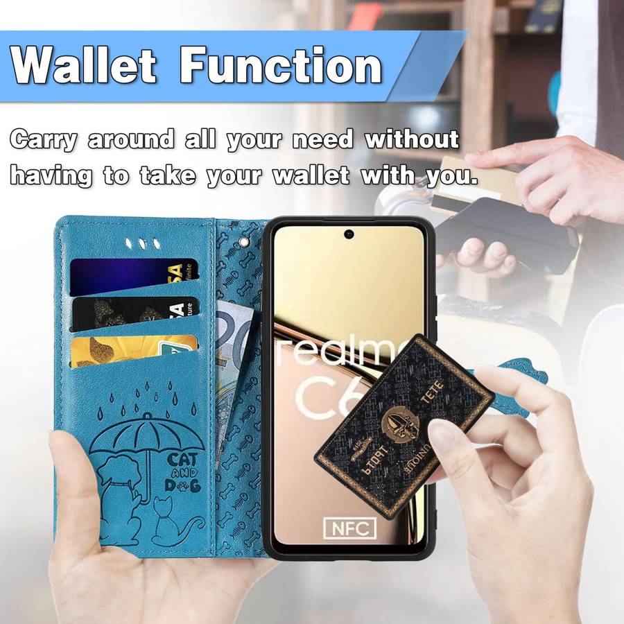 For Realme C65 Cat and Dog Embossed Leather Phone Case(Rose Gold)